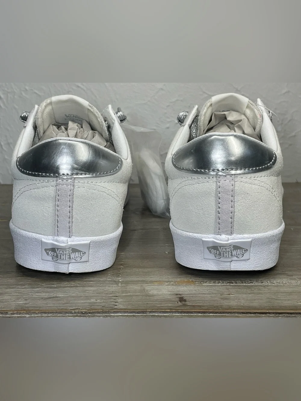 New Vans Sport Low High Shine Suede Sneaker Off-White Silver Metallic 11 W 9.5 M